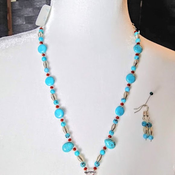 *TURQUOISE LARIAT/Y STYLE NECKLACE & EARRING SET*HAND CRAFTED* - Picture 3 of 7